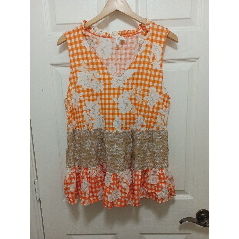 Women's Cato Floral Print V-neck Orange/White Sleeveless Flowy Tunic Blouse XL